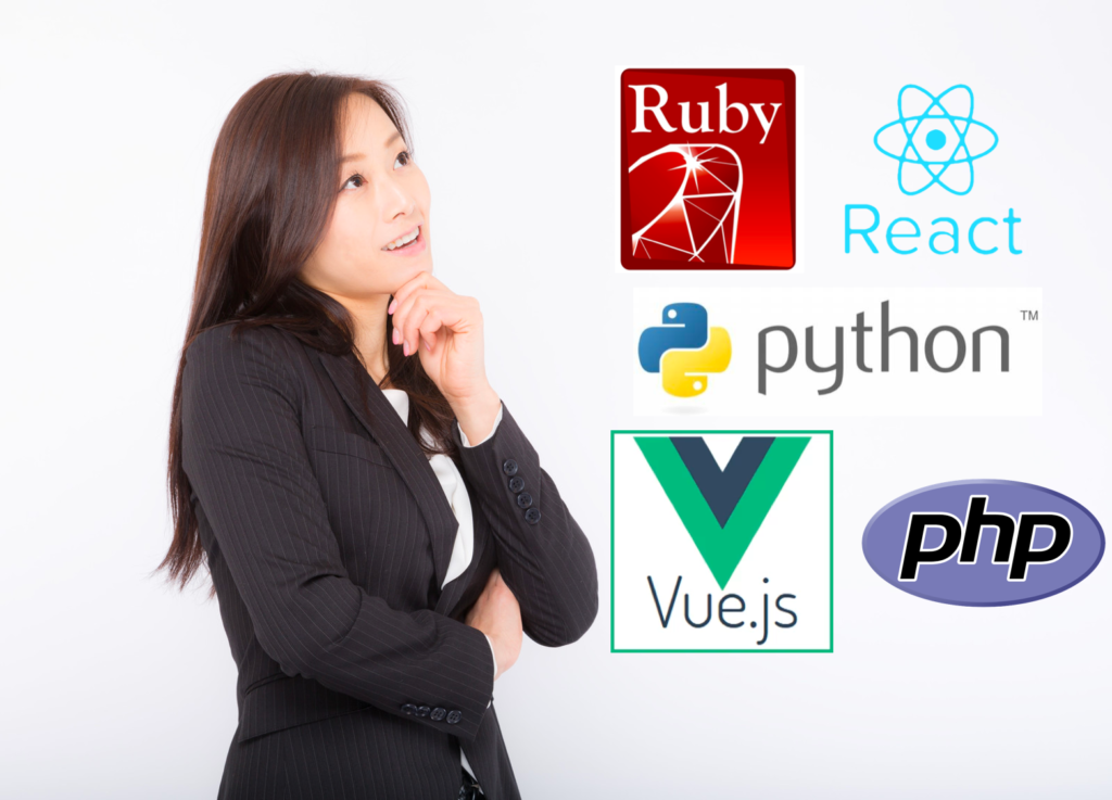 テックブーストオンラインで学べるプログラミング言語、Python/Django, PHP/Laravel, Ruby on rails, react, Vue.js